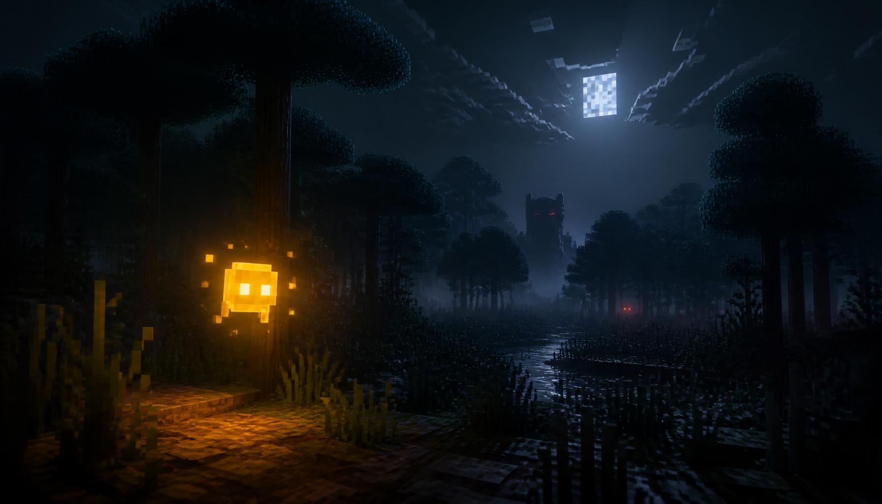 Minecraft night terrain with a glowing yellow companion
